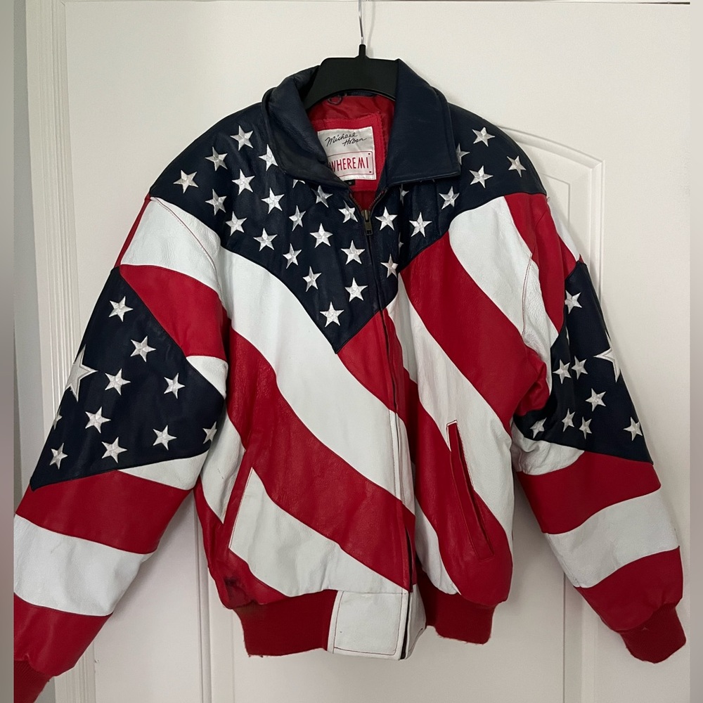 Vintage Vintage WHEREMI Michael Hoban Patriotic American Flag Leather Bomber.